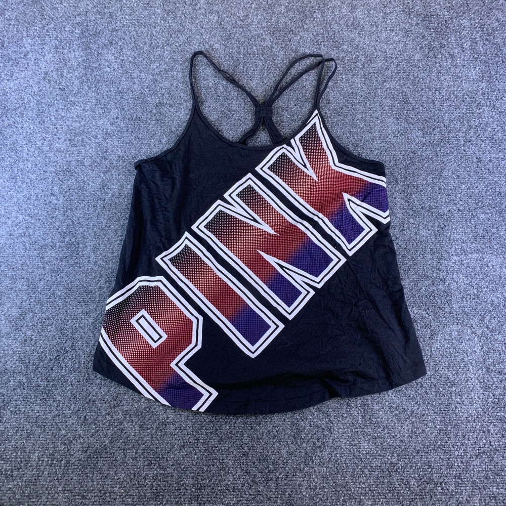 Pink Victoria's Secret Y Back Tank Top Womens Black Graphic Scoop Neck READ
